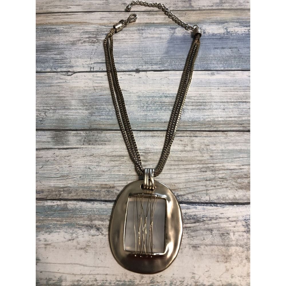 Chico's Chunky  Pendant Frosted‎ Glass Oval Necklace 19" Box Chain Gold Tone